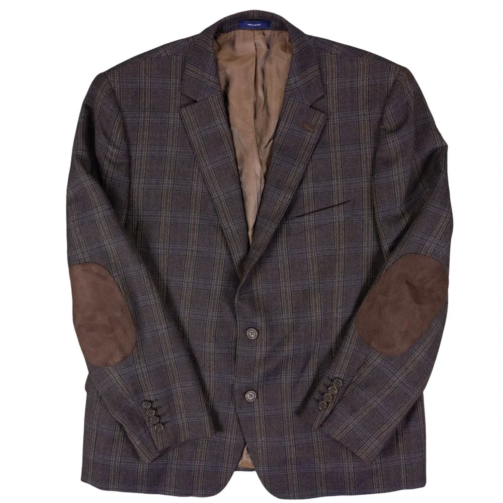 Stafford Sport Coat Blazer Mens 42R Slim Fit Brown Plaid Suede Elbow Patches